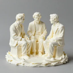 Whipped cream sculpture of 3 drunk men ,in the style of Stanley Spencer, made entirely from creamy whipped cream