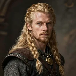 handsome Viking king with long, braided blond hair with determined expression, by Greg Rutkowski, Brom, and Alphonse Mucha