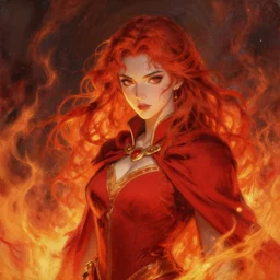 painting by krenz cushart!!, portrait of a beautiful fire princess standing in fire, red hair, red cloak, finely detailed features, intricate brush strokes, beautiful lighting, trending on pixiv fanbox.