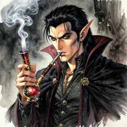 portrait, male elf vampire rouge, smoking a magical bong, watercolor, dramatic lighting, cinematic, establishing shot, extremely high detail, foto realistic, cinematic lighting, pen and ink, intricate line drawings, by Yoshitaka Amano, Ruan Jia, Kentaro Miura, Artgerm, post processed, concept art, artstation, matte painting, style by eddie mendoza, raphael lacoste, alex ross