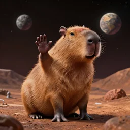 Capybara on mars, space, background Jordan peterson waving