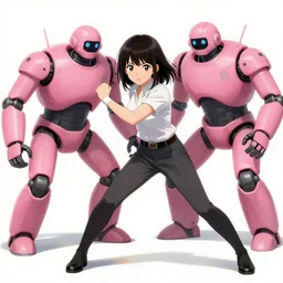 a japanese woman battles pink robots, illustrated, detailed, 4 k
