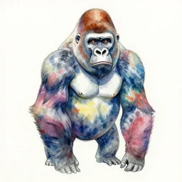 a beautiful tie dye watercolor painting of a gorilla by moebius, tie dye colored shiny metal