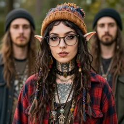 A stunningly beautiful stoner hippy female Rastafarian Elf by WLOP, greg rutkowski and ross tran, glasses, flannel, knitted hat, tattoos and piercing,