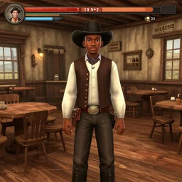 screenshot of gameplay dating simulator game set in 1 8 5 0, interior of old west saloon, featuring african american and japanese cowboys and cowgirls in ghost town with buildings painted bright pastel colors, morning light with mountains in the background