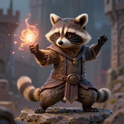 closeup 3 5 mm anthropomorphic sorcerer raccoon casting a spell in a castle, d & d, fantasy, intricate, action pose, particle effects, highly detailed, digital painting, artstation, concept art, matte, sharp focus, volumetric lighting, illustration, hearthstone, art by artgerm, wlop, greg rutkowski and alphonse mucha