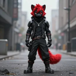 red fursona stoat longtail | photorealism | urbanscene coalpunk masculine fursona black