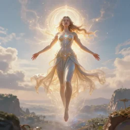 overdetailed maximalist fullbody portrait of a beautiful female energy being transcending to her true form while floating over a surreal landscape. Made by oozium. Artstation. Deviantart 8k 3d realistic render. Bright, sacred, spiritual, dawn, backlit, calm, relaxed, dynamic, ethereal, arcane, intricate, mysterious, dramatic, cinematic. Photorealistic render. Morning lights. Seen from below.