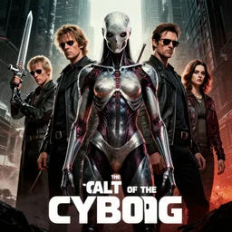 the cult of the cyborg, movie poster, hyperdetailed, artstation, cgsociety, 8 k, composition by richard amsel and greg manchess and mike mignola and shepard fairey and ashley woods