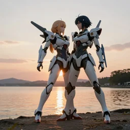Kow Yokoyama Style Mecha and Cyborg Waifu Battle In A Beautiful Lake, beautiful sunset, photorealistic, hyperrealistic, octane render, HDR, IG Studios Anime Style