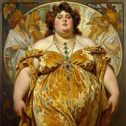 highly detailed oil painting of thick roided rugged zarya, glowing skin, gold ombre velvet gown, greek scene, beautiful face by leyendecker, dozens of jeweled necklaces, by greg rutkowski, brom, anato finnstark, alphonse mucha, cinematic lighting,