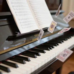 a realistic piano with cards floating around it.