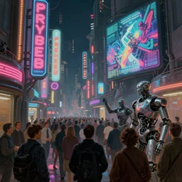 futuristic neon signs in a scene of ( the mass crowds wake up ), ( ( robot cyborgs ) ), futuristic oil painting by rembrandt and jeff koonz, ( ( led panel screens and projections ) ), intricate details, ( ultra realistic ), dynamic lighting, ( octane render ), ( ( ( vertical led strip lighting ) ) )