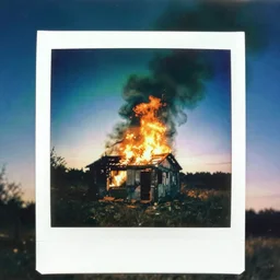 analog polaroid of an abandoned shed on fire, big fire and smoke, blue and green sky with stars, color bleed, grain