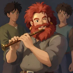 concept art by thomas blackshear and studio ghibli of a smiling red bearded man with wood earrings playing the flute, volumetric lighting matte painting, by artgerm, rob rey, cristophe vacher magali villeneuve