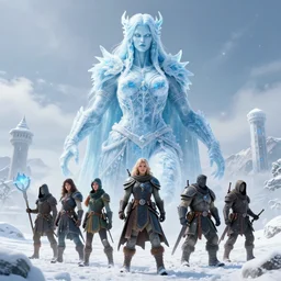 a giant vengeful ice revenant lady, looming over a group of 5 adventurers, in the snow mountains, high fantasy, monochromatic blue, smooth, sharp focus, high fantasy, dnd, digital painting, by rossdraws, artstationhd