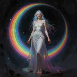 concept art painting of a beautiful figure called the moonbow queen, a rainbow in the dark, colorful, by Michael Whelan, William Adolphe Bouguereau, and Donato Giancola, highly rendered, beautiful, cyberpunk, artstation, extremely moody lighting, glowing light and shadow, atmospheric, shadowy, cinematic, 8K