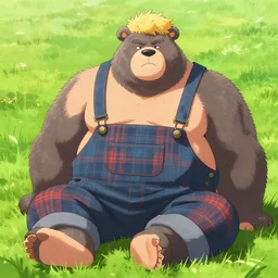 blushing bear man chubby sumo anthro, blonde hair tuff on head, grey fur, country bears by marc davis mark wulfgar wearing overalls flannel posing seductive, sitting in grass, style in akihito tsukashi