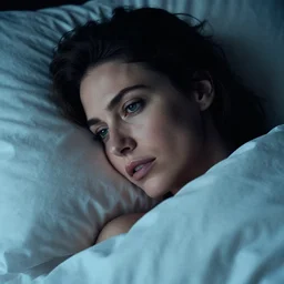 detailed cinematic moody colors studio portrait of a lady in bed, high quality by jeremy mann, only one head single portrait