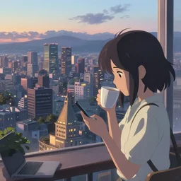 a masterpiece detailed beautiful cityscape, early hour morning, a girl drinking coffee and look at her phone, by Makoto Shinkai