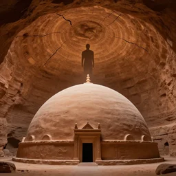 inside a gigantic clay dome a majestic silhouette takes shape by carved out cracks in the ceiling, it is a place of worship, desert environment, cinematic composition, cinematic lighting, harmonious colors, trending on artstation and cgsociety