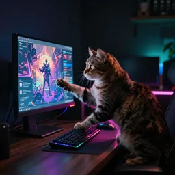 a cat playing on a gaming computer, realistic, dark, rgb
