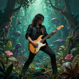 epic guitarist with his stratocaster in alien planet, magic background ambientation, lot of vegetation, trees, plants, flowers, flying animals, matte painting, digital panting, concept art, les bastien - lepage, artstation