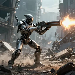 VFX movie of a futuristic alien robot mercenary in decimated city firing big gun, natural lighting by Emmanuel Lubezki
