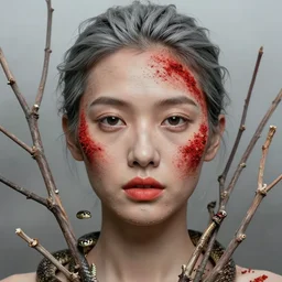 portrait of a woman, close - up, clay on face, red pepper on skin, high sharpness, zeiss lens, fashion photo shoot, dry branches, gray hair, coral lipstick, in front of snakes, in the fog, jeanloup sieff, craig mcdean, bryan adams, bruno dayan, erik madigan heck, helmut newton, camilla akrans, chuando and frey, giampaolo sgura, greg kadel, inez vinoodh, karl lagerfel, artistic, hyperrealistic, beautiful face, octane rendering