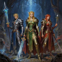A trio of paladin fairy protagonists with enchanted weapons are exploring the grimdarkest dungeon depths. trending on Pixiv. trending on ArtStation. A vibrant digital oil painting. A highly detailed fantasy character illustration by Wayne Reynolds and Charles Monet and Gustave Dore and Carl Critchlow and Bram Sels