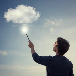 man holding a magical wand painting the sky with clouds
