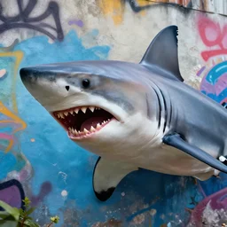 a shark looking angry, graffiti on a wall, highly detailed, high quality