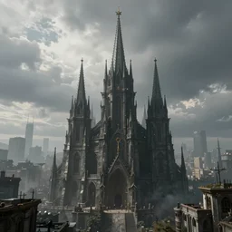 octane render of a gothic city with an overcast sky, tall spires, steampunk, cyberpunk, high - definition, trending on artstation, alienating, imposing, imperious, malevolent, moody, landscape, distant, vast, cityscape, skyline