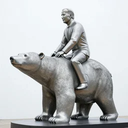 biden riding a polar bear, metal sculpture