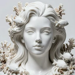 vaporwave, full head and shoulders, bjork porcelain sculpture, smooth, delicate facial features, white eyes, white lashes, detailed white, lots of white coral sea elements, fish, sea anemones, all white features on a white background, by daniel arsham and james jean