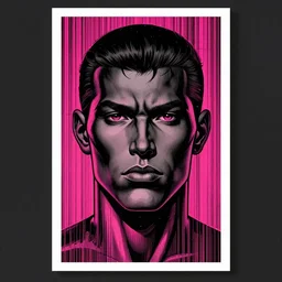 portrait of black and neon pink straight lines poster art by dan mumford, moebius, goblinko, richard corben, wayne barlowe, heavy metal comic cover art, psychedelic triangular skeleton, very intricate, thick outline, full body, symmetrical face, long black crown, in a shapes background, galactic dark colors