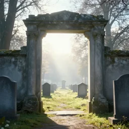 photograph of a portal to bright heaven in a graveyard, cinematic, tyndall effect, sunlight, hypermaximalist, detailed, 4k, 8k, breathtaking stars, surrealism, distant, concept art, digital art, sharp focus, reflections, RTX, octane render, Trending on DeviantArt