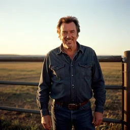 kevin bacon stands before a fence on a ranch smiling, 3 5 mm photograph, magic hour light