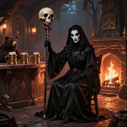 evil necromant with face of kate beckinsale weared in black necromantic robe,  with staff and scull on the top holding in hand, sit in fantasy tavern near fireplace, behind bar deck with bear mugs, medieval dnd, colorfull digital fantasy art, 4k