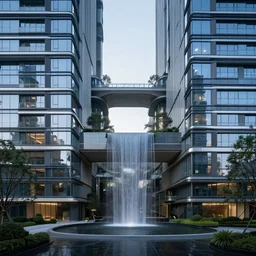 overall architectural design, a small waterfall between two glassy residentials, cinematic lighting, high details, realistic, manimalist, style of zaha hadid