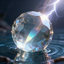 a magical illustration of a faceted crystal ball in water + prism + god rays + dramatic lightning + backlit + specular highlights + ambient occlusion + global illumination + bump map + reflective + caustics + refractive + unreal engine 5 + DOF + sharp focus
