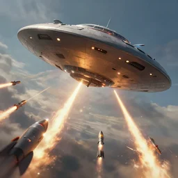 ufo mothership being bombarded by multiple missiles, dramatic, concept art, digital painting, trending on artstation, highly detailed, epic composition, 8 k uhd