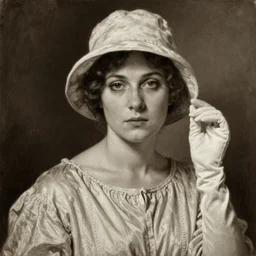 a close up ultra - realistic portrait painting of a 1 9 2 0 s woman with a serious expression, wearing a modest light coloured bohemian style silk crepe dress with a bucket cloche hat, long cotton gloves, dark, brooding, atmospheric lighting, painted, sepia, intricate, ultra detailed by leesha hannigan, thierry doizon, kai carpenter, well composed, best on artstation, cgsociety, epic, stunning, gorgeous, intricate detail, wow, masterpiece
