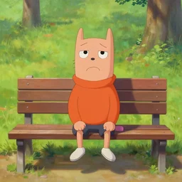 photorealistic painting of plank from ed, edd n eddy with a sad face sitting on a bench