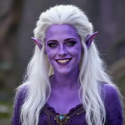 Purple skinned Kristen Stewart as a smiling Elf wizard with white hair. majestic purple skin, Photorealistic digital art trending on artstation, artgem, 4k HD.