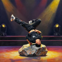 a painting of a rock doing a breakdance while singing in front of a stage