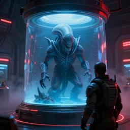 closeup macro over the shoulder shot a mass effect soldier standing near a cthulhu lovecraft alien monster trapped inside a large round transparent science fiction glass containment chamber filled with blue liquid in a furnished mass effect science fiction spaceship laboratory, dramatic lighting, octane, red led lights, lens flare, trending on artstation, mist, mass effect, volumetric lighting