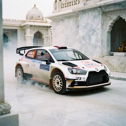 rally car driving inside a marble temple. film, high - speed sports photography, soft lighting