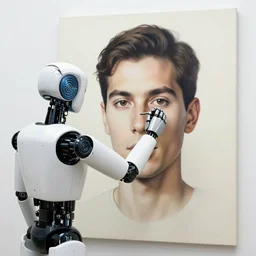 robot artist painting a self - portrait on a canvas. intricate, highly detailed, photorealistic, film still, by gil elvgren.
