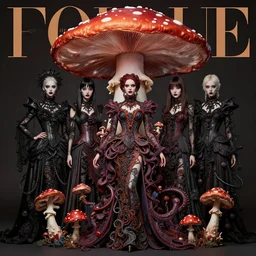 pretty goth model with hallucination mushroom : : by martine johanna and simon stalenhag and chie yoshii and casey weldon and wlop : : ornate, dynamic, particulate, rich colors, intricate, elegant, highly detailed, vogue, harper's bazaar art, fashion magazine, smooth, sharp focus, 8 k, octane render,